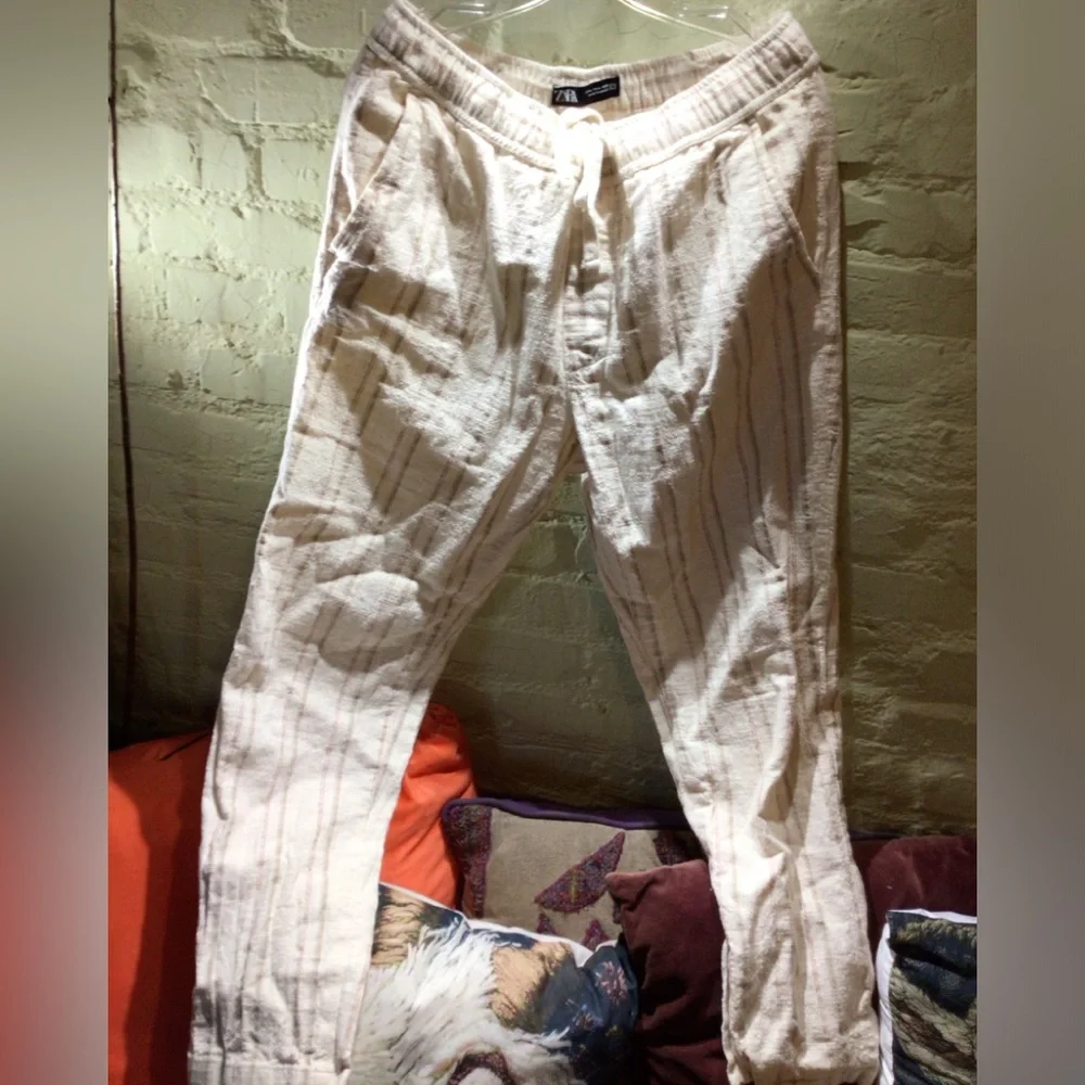 ZARA Cream linen Stripe Drawstring Pants